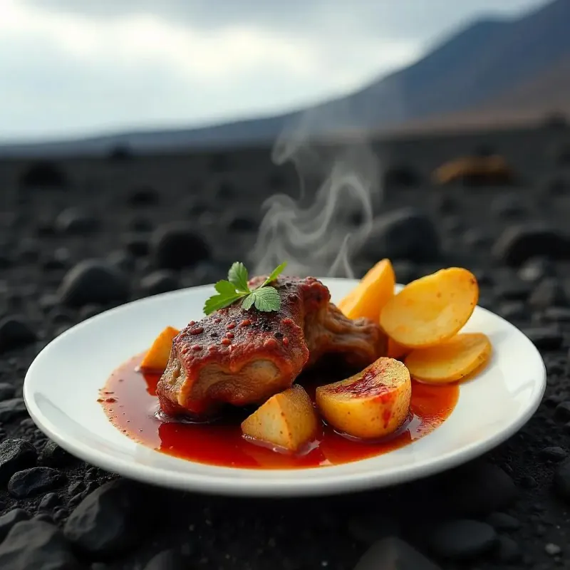 Imagen de Plato de carne de cabra guisada con papas arrugadas, comida casera canaria