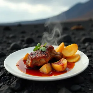 Imagen de Plato de carne de cabra guisada con papas arrugadas, comida casera canaria
