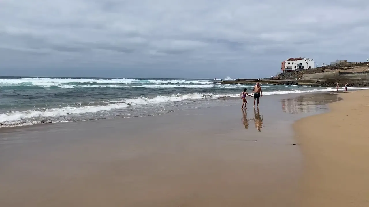 Perros jugando en la arena oscura de la playa de Bocabarranco, Gran Canaria